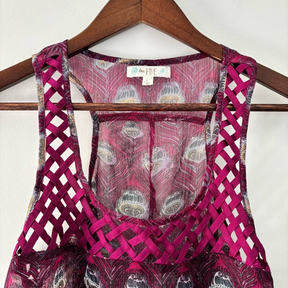 Love Fire Boho Peacock Print Lattice Tank Top Size L Whimsigoth Festival Sheer - Picture 10 of 11